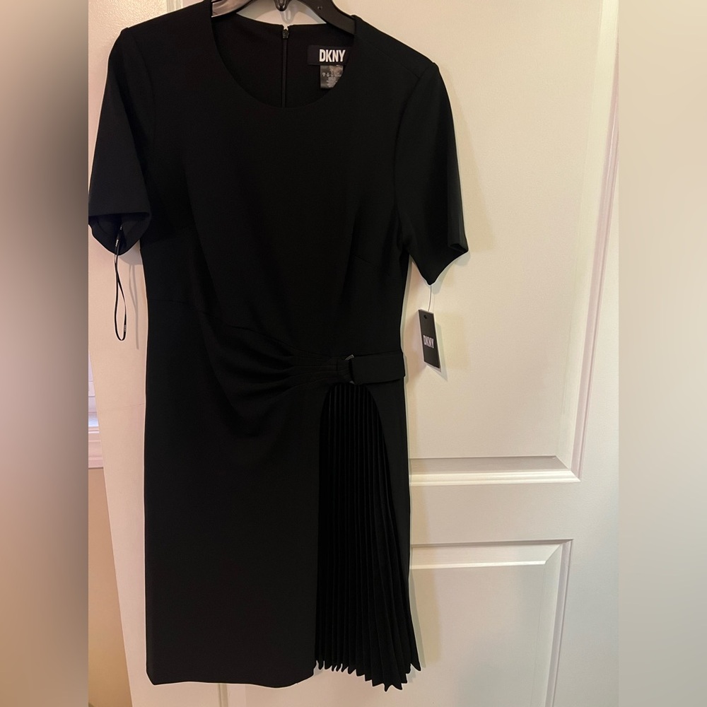 DKNY Black Midi Dress with Pleated Detail